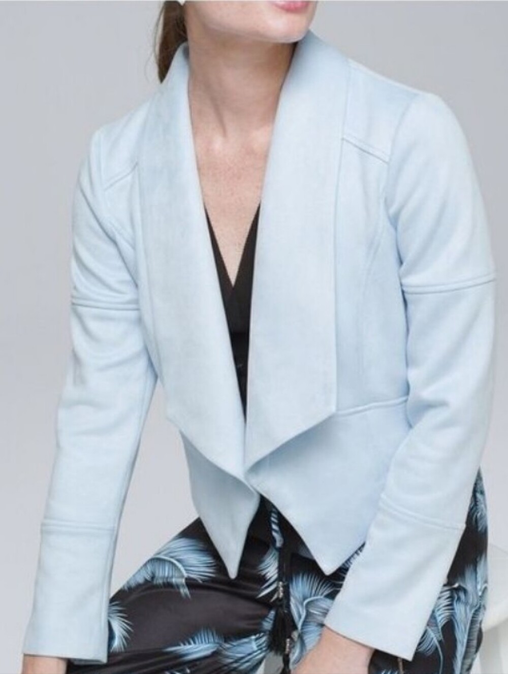 White House Black Market Light Blue Faux Ultra Suede Drape Front Jacket